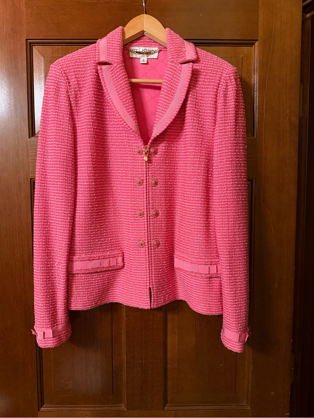 St. John Couture Hot Pink Barbie Multi-Textured Knit Blazer and Skirt Lined set